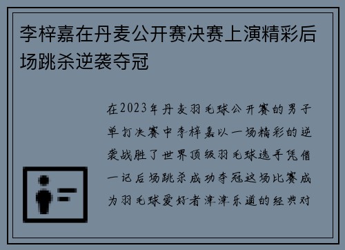 李梓嘉在丹麦公开赛决赛上演精彩后场跳杀逆袭夺冠