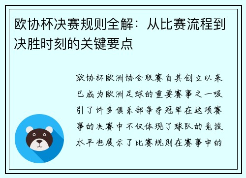 欧协杯决赛规则全解：从比赛流程到决胜时刻的关键要点