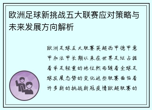 欧洲足球新挑战五大联赛应对策略与未来发展方向解析